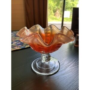 Vintage Dugan Coin Spot-Dot Rib Carnival Glass Compote Dish Iridescent